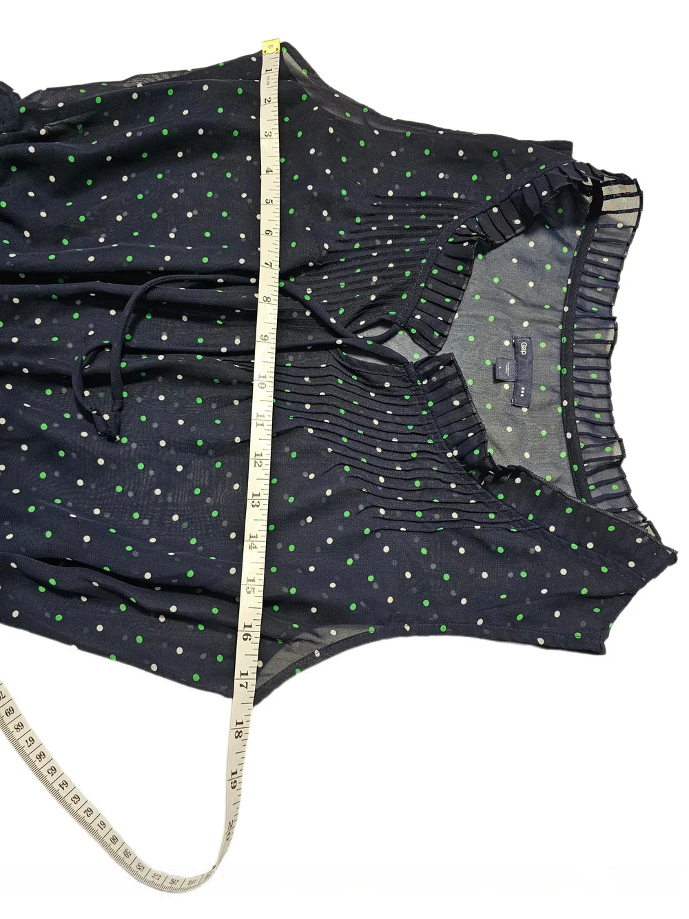 Gap Navy Blue Sheer Sleeveless Lined Green & White Polka Dot Belted Dress Large